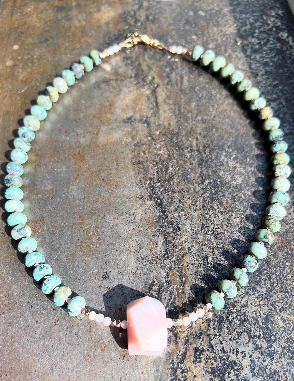 ETHEL Necklace Pink Opal Pendant African Turquoise
