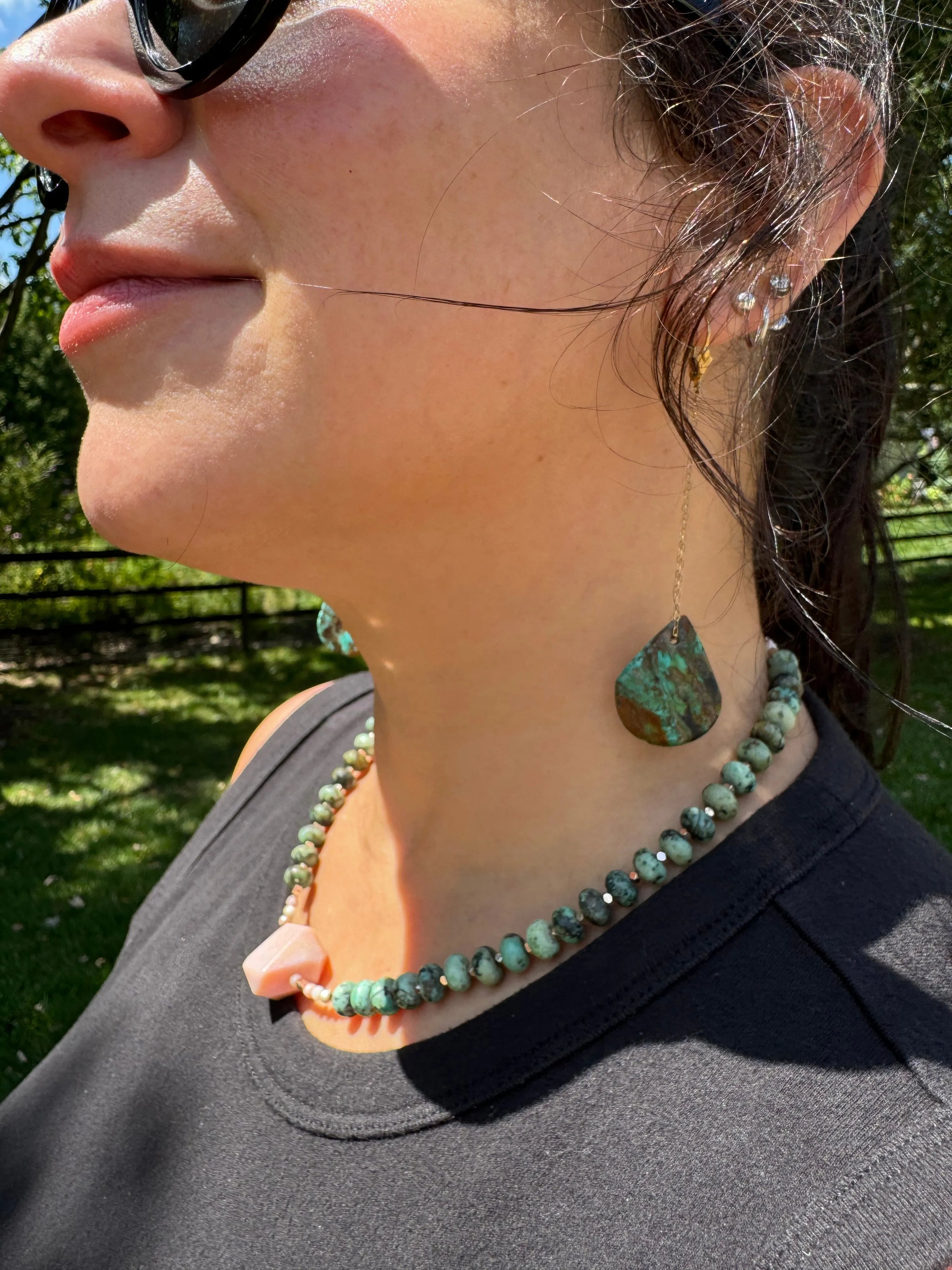 ETHEL Necklace Pink Opal Pendant African Turquoise