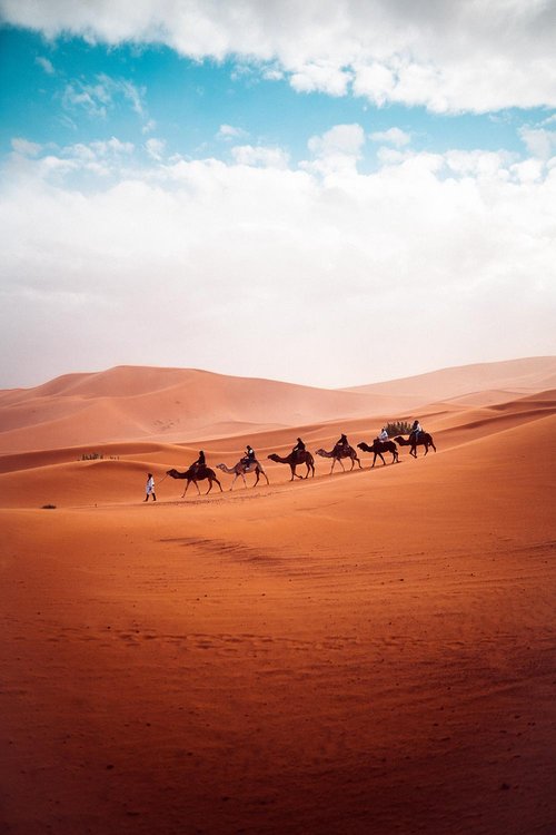 A caravan of camels led by a person crosses the sweeping red-orange sand dunes of a desert under a sky that transitions from bright blue to soft clouds — evoking a sense of timeless journey, warmth, and open expanse.
