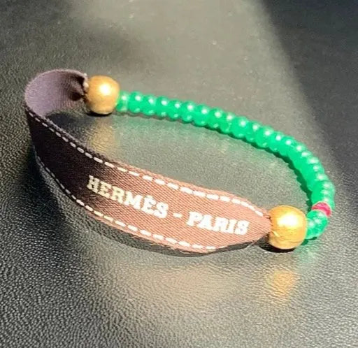 ABILENE Bracelet Emeralds Ruby Brass Repurposed Grosgrain Ribbon