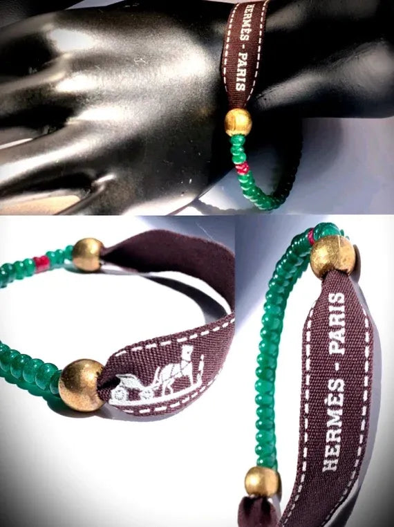ABILENE Bracelet Emeralds Ruby Brass Repurposed Grosgrain Ribbon