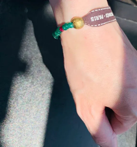 ABILENE Bracelet Emeralds Ruby Brass Repurposed Grosgrain Ribbon