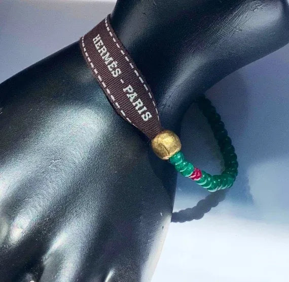 ABILENE Bracelet Emeralds Ruby Brass Repurposed Grosgrain Ribbon