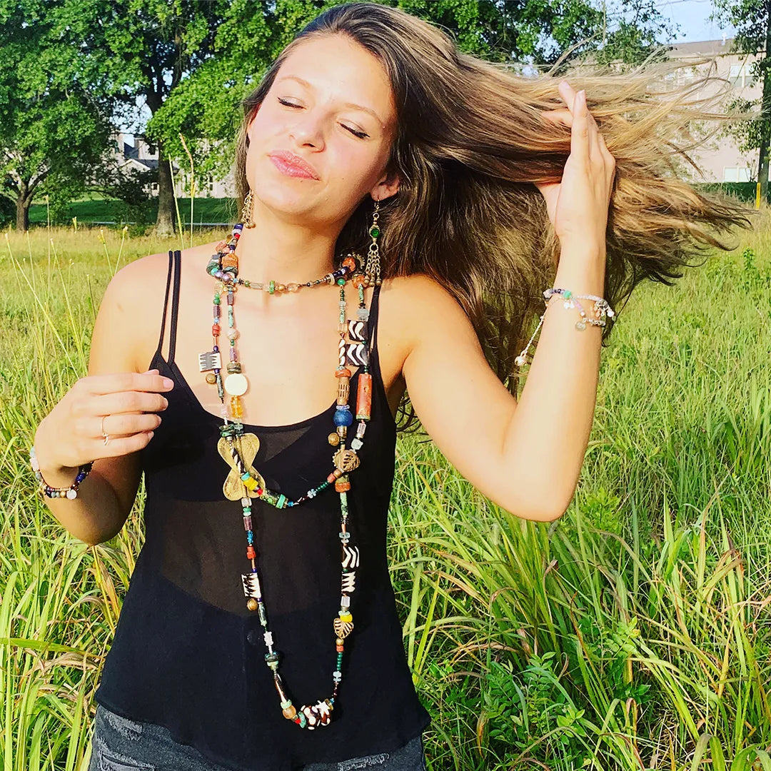 ARCHER Wrap Statement Necklace Precious Gems Crystals Beads Boho