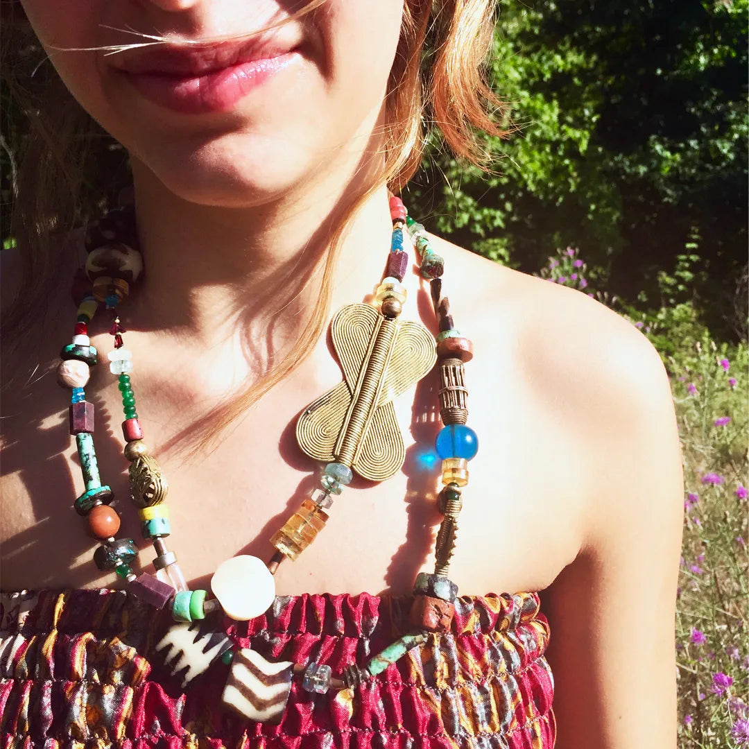 ARCHER Wrap Statement Necklace Precious Gems Crystals Beads Boho