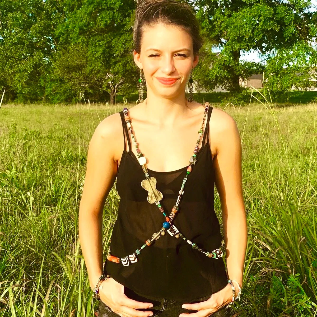 ARCHER Wrap Statement Necklace Precious Gems Crystals Beads Boho