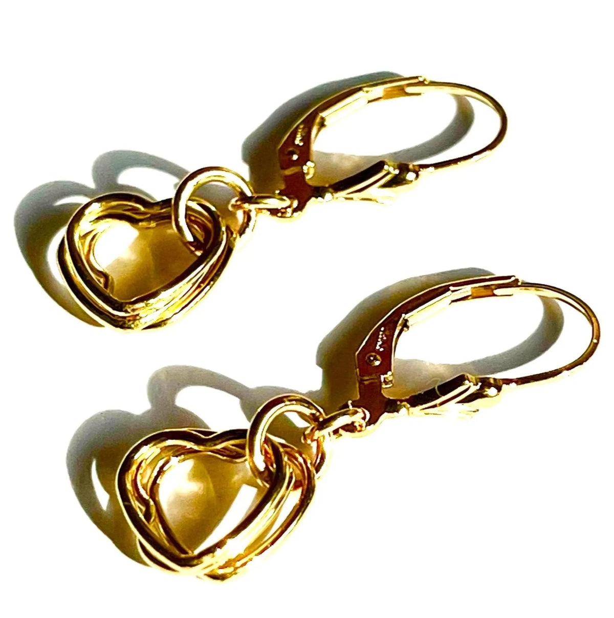 ARIELLA Earrings Gold Floating Heart Charms Fleur De Lis Backs