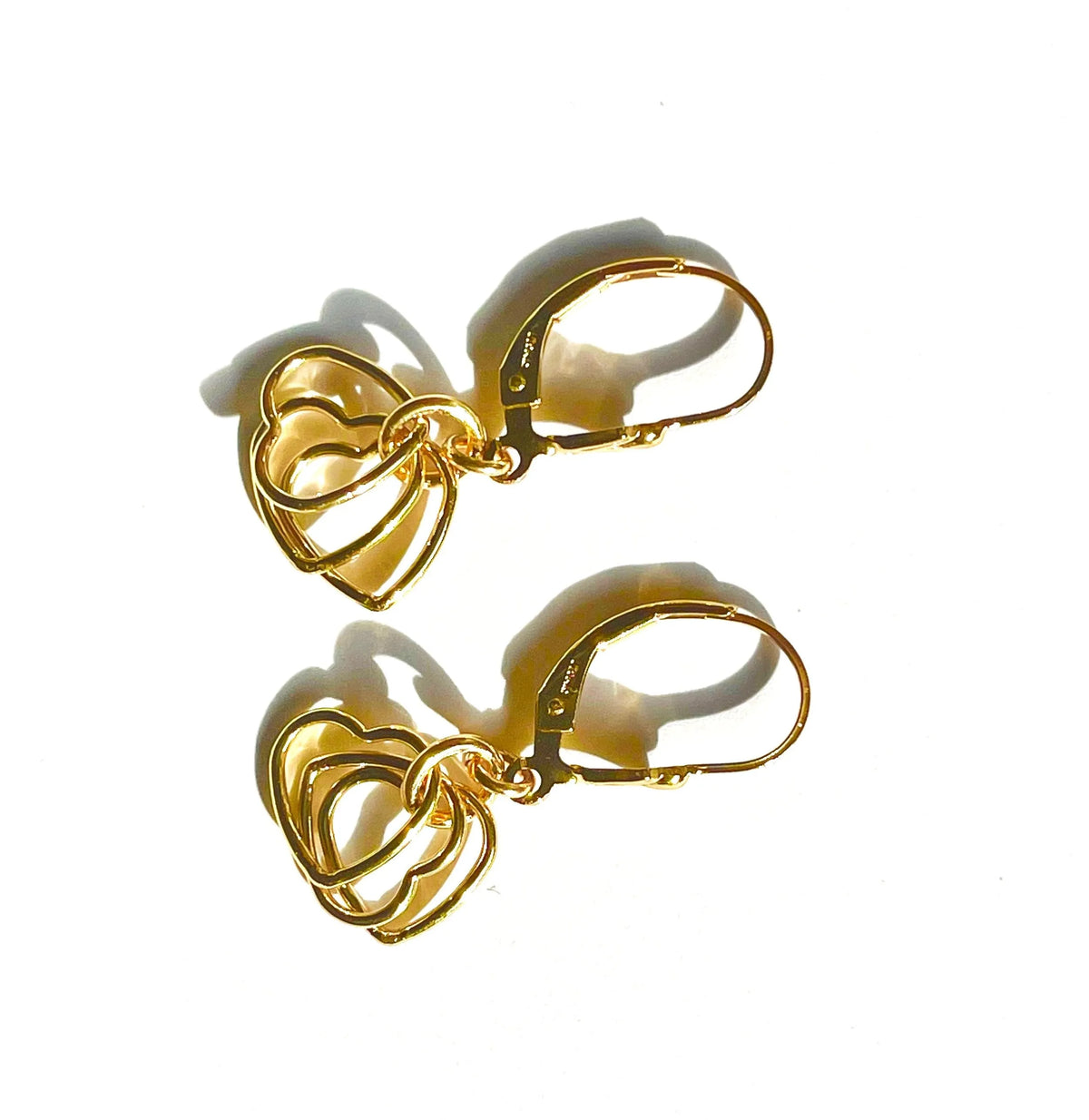 ARIELLA Earrings Gold Floating Heart Charms Fleur De Lis Backs