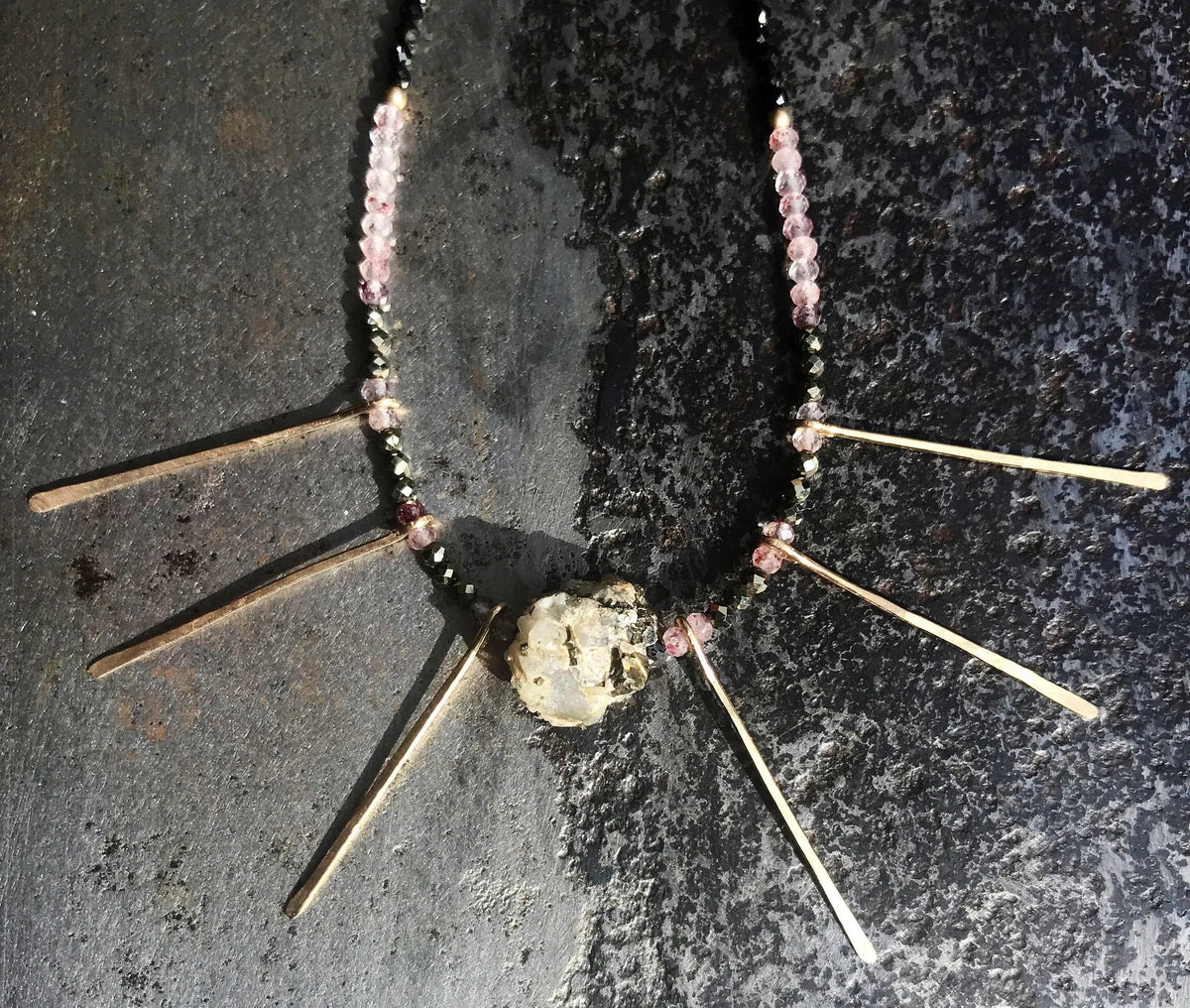 ASTRID Necklace Precious Gems Hand-Forged 14K Gold Paddle Beads