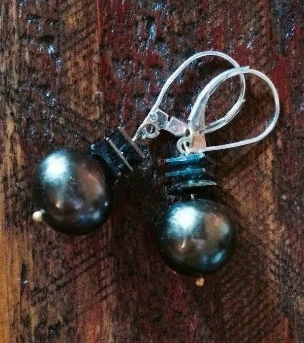 AVA Earrings Tahitian Black Pearl Shimmering Swarovski Crystals