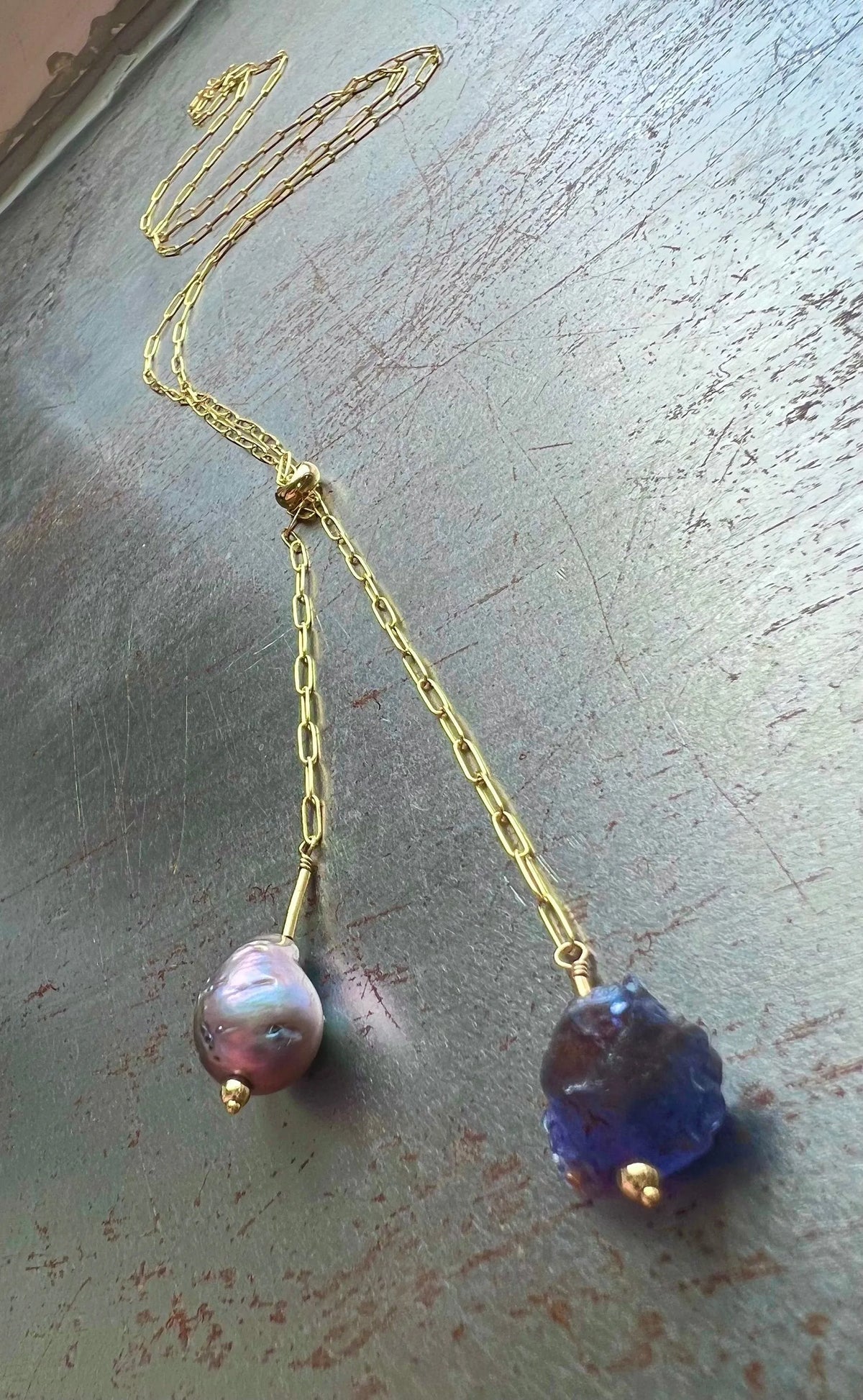 BETTY Bolo Necklace 14K Gold Chain Tanzanite Pearl Tassels Must Have