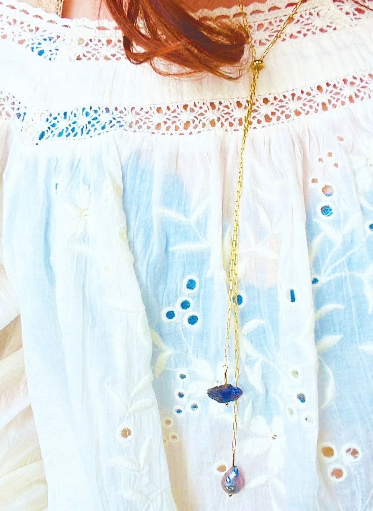 BETTY Bolo Necklace 14K Gold Chain Tanzanite Pearl Tassels Must Have