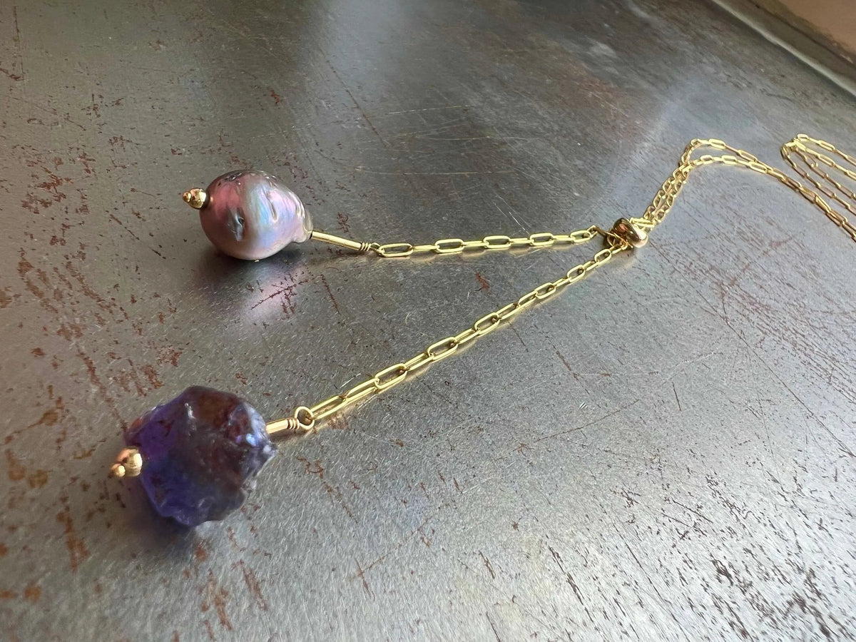 BETTY Bolo Necklace 14K Gold Chain Tanzanite Pearl Tassels Must Have