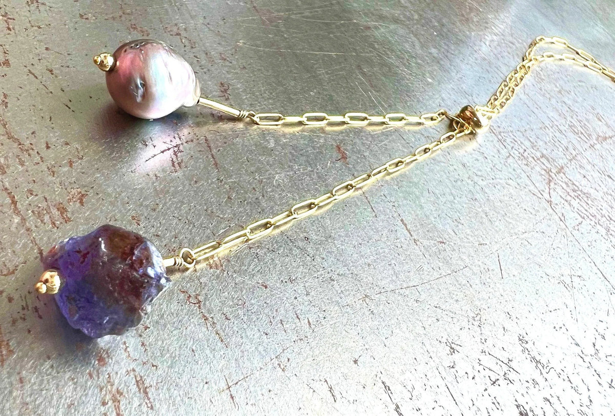 BETTY Bolo Necklace 14K Gold Chain Tanzanite Pearl Tassels Must Have