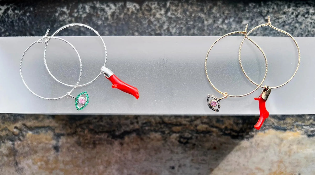 BIANCA Pink Diamond Evil Eye Protector & Natural Red Coral Charms