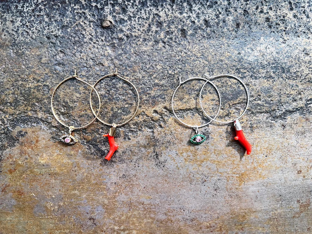 BIANCA Pink Diamond Evil Eye Protector & Natural Red Coral Charms