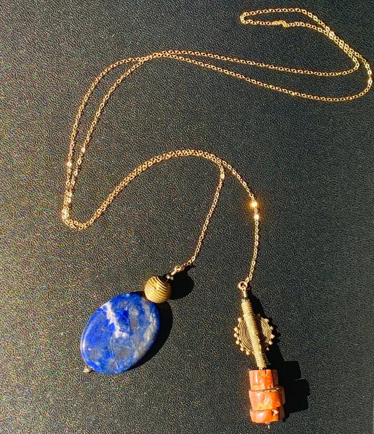 CADEN Long Lariat Necklace Lapis Wax-Cast Brass Sun Charm Bauxite Gold Chain