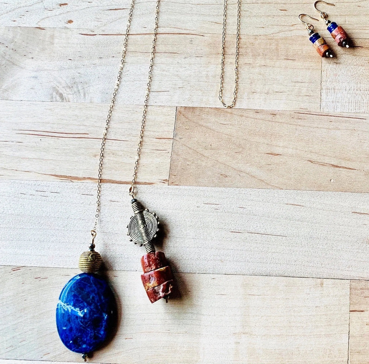 CADEN Long Lariat Necklace Lapis Wax-Cast Brass Sun Charm Bauxite Gold Chain