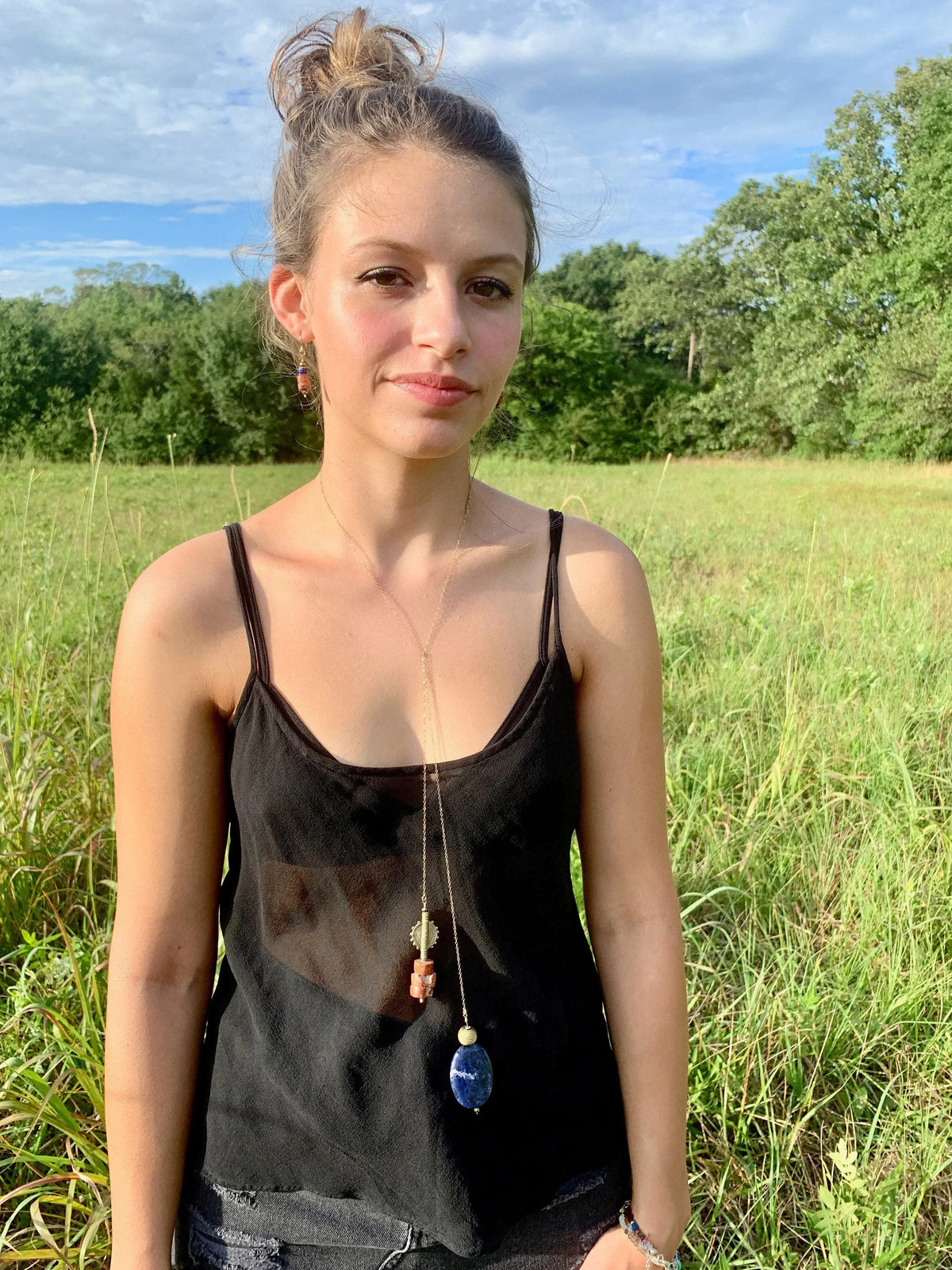 CADEN Long Lariat Necklace Lapis Wax-Cast Brass Sun Charm Bauxite Gold Chain