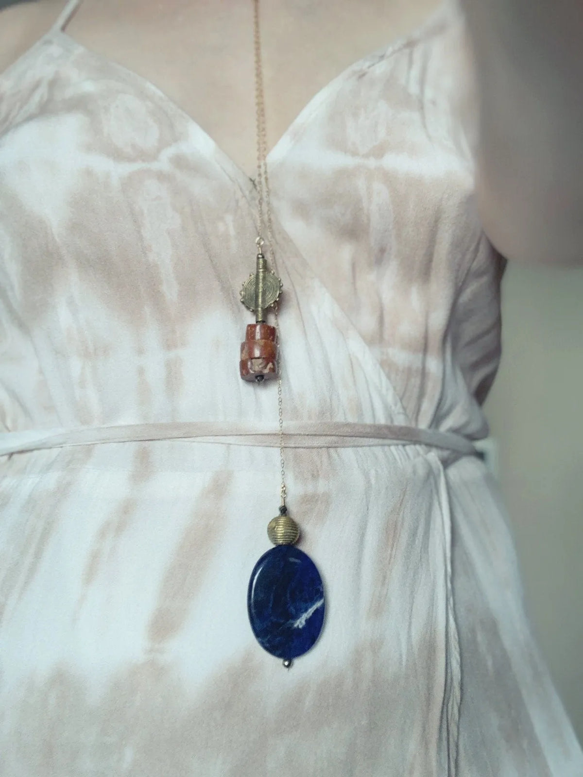 CADEN Long Lariat Necklace Lapis Wax-Cast Brass Sun Charm Bauxite Gold Chain