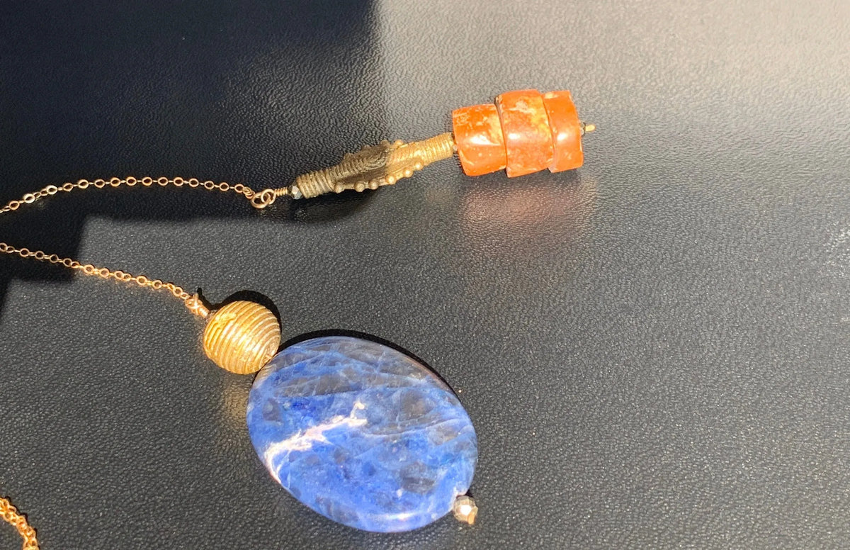 CADEN Long Lariat Necklace Lapis Wax-Cast Brass Sun Charm Bauxite Gold Chain
