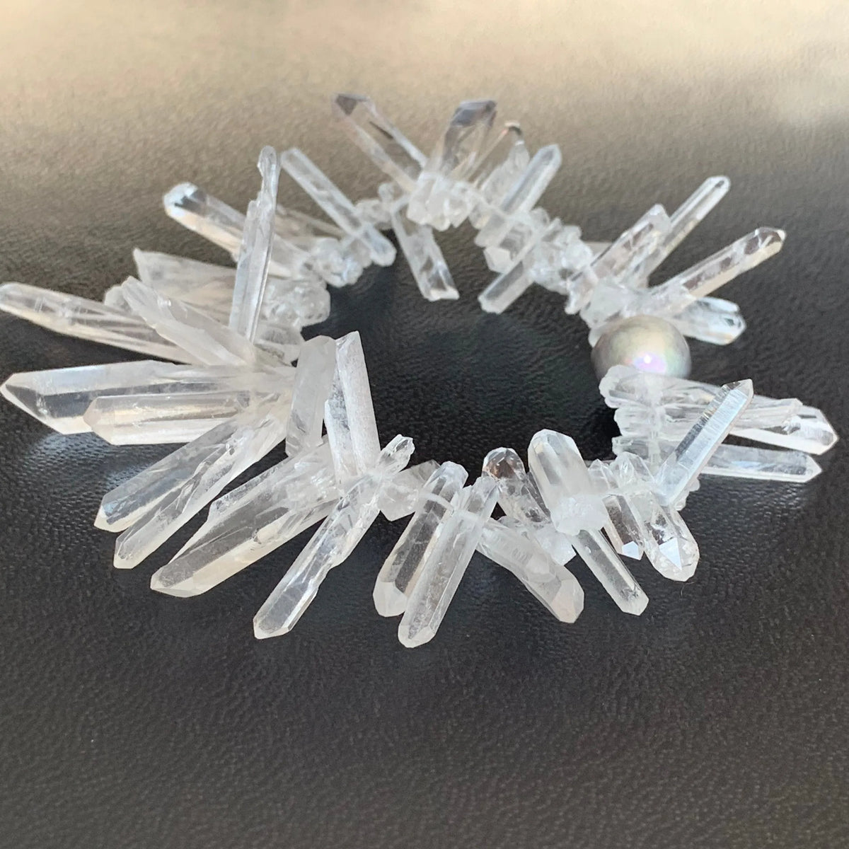 CRYSTAL Bracelet Ice Crystal Quartz Points Iridescent Freshwater Pearl