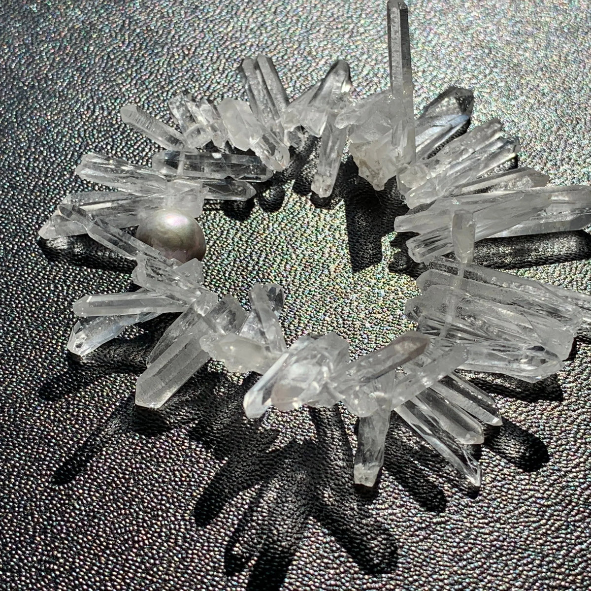 CRYSTAL Bracelet Ice Crystal Quartz Points Iridescent Freshwater Pearl