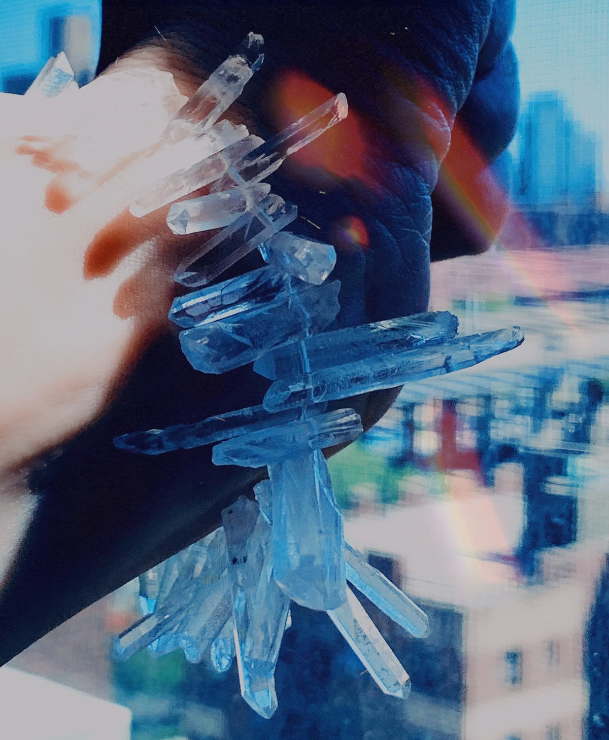 CRYSTAL Bracelet Ice Crystal Quartz Points Iridescent Freshwater Pearl