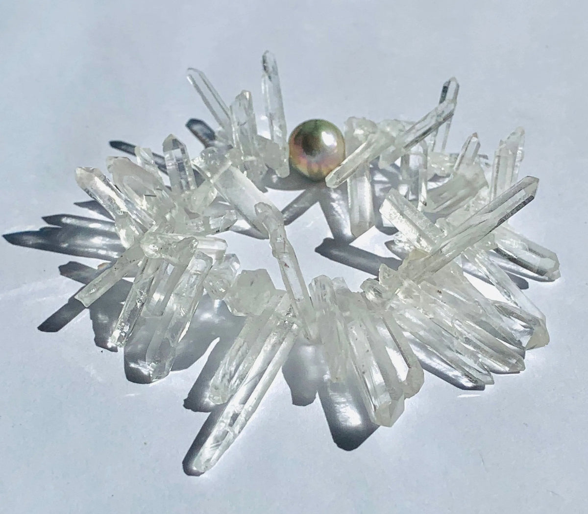 CRYSTAL Bracelet Ice Crystal Quartz Points Iridescent Freshwater Pearl