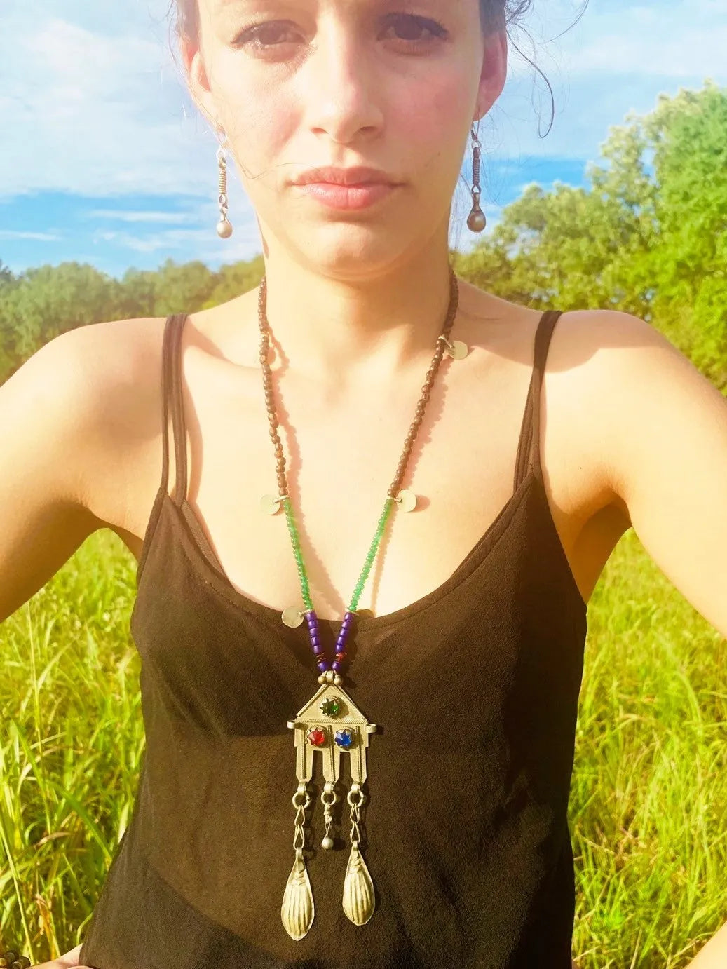 DAKOTA Long Necklace Bohemian Rare Antique Tribal Kuchi Pendant