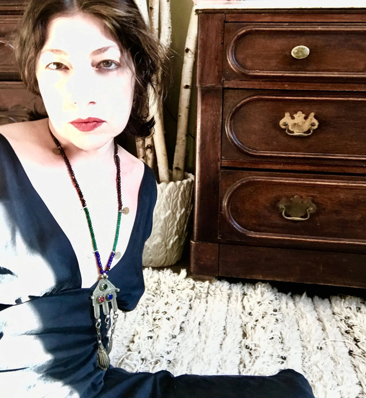 DAKOTA Long Necklace Bohemian Rare Antique Tribal Kuchi Pendant