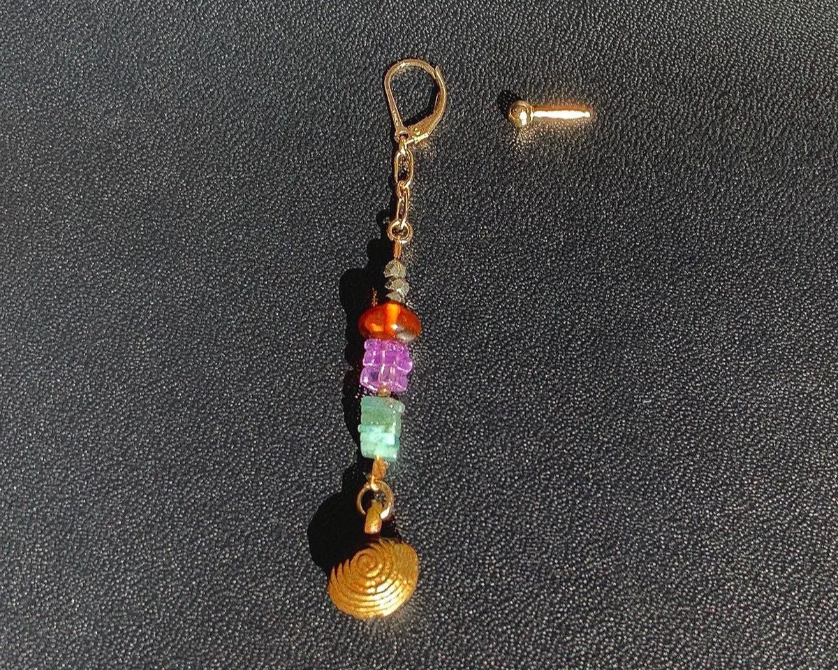 DALLAS Asymmetric Earring Amethyst Amber Emerald Pyrite Tribal Bell