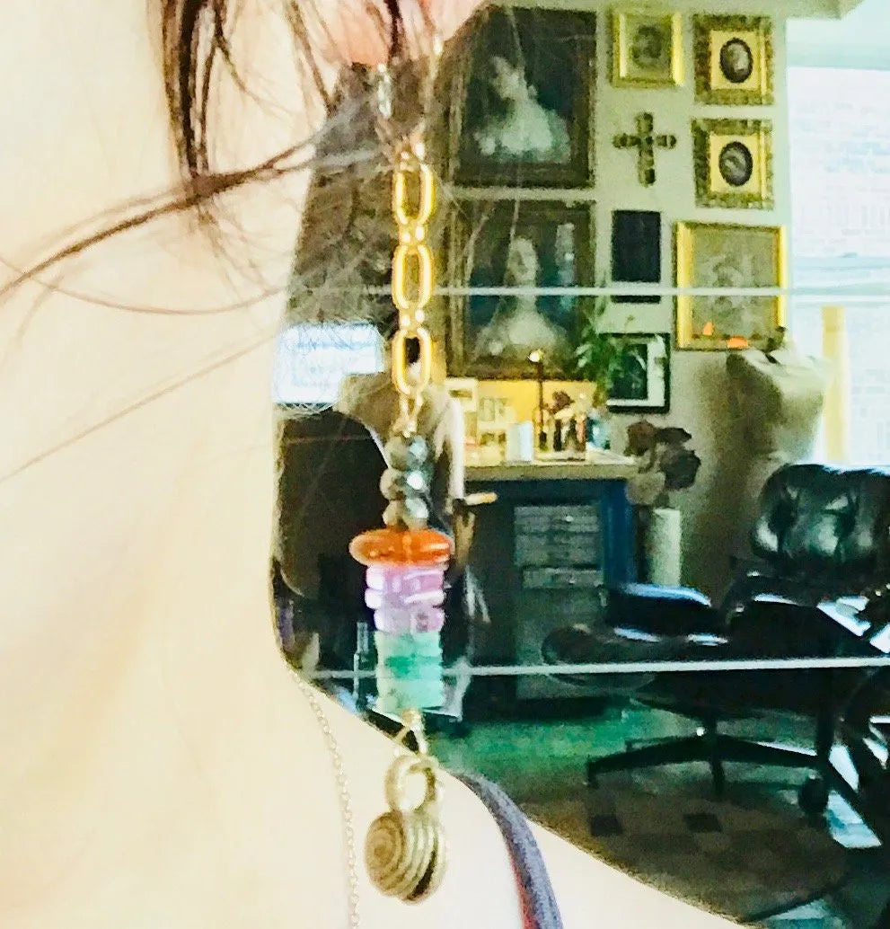 DALLAS Asymmetric Earring Amethyst Amber Emerald Pyrite Tribal Bell