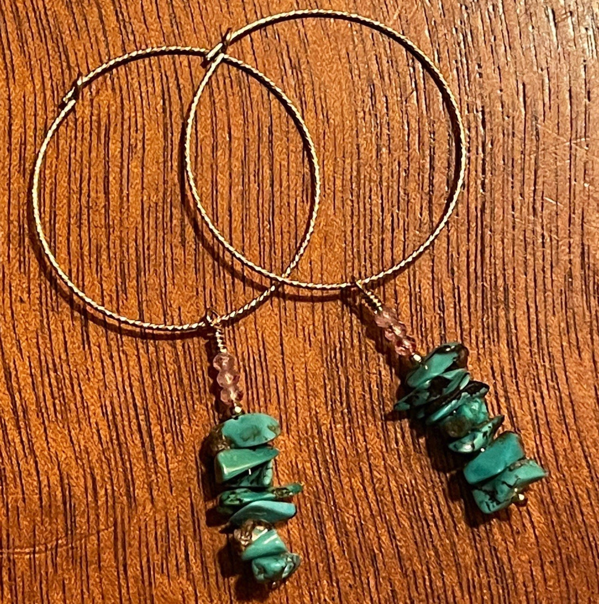 DANIELLE Hoop Earrings Turquoise Rose Quartz Charms 14K Gold 14/20