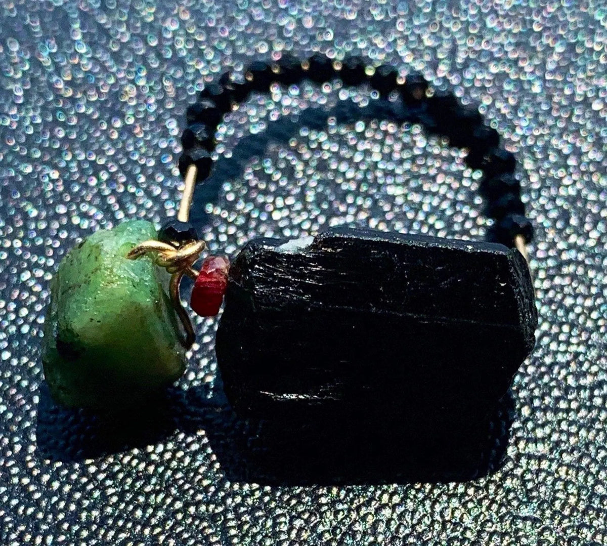 DARJEELING Crystal Fidget Ring Black Tourmaline Emerald Pink Boho