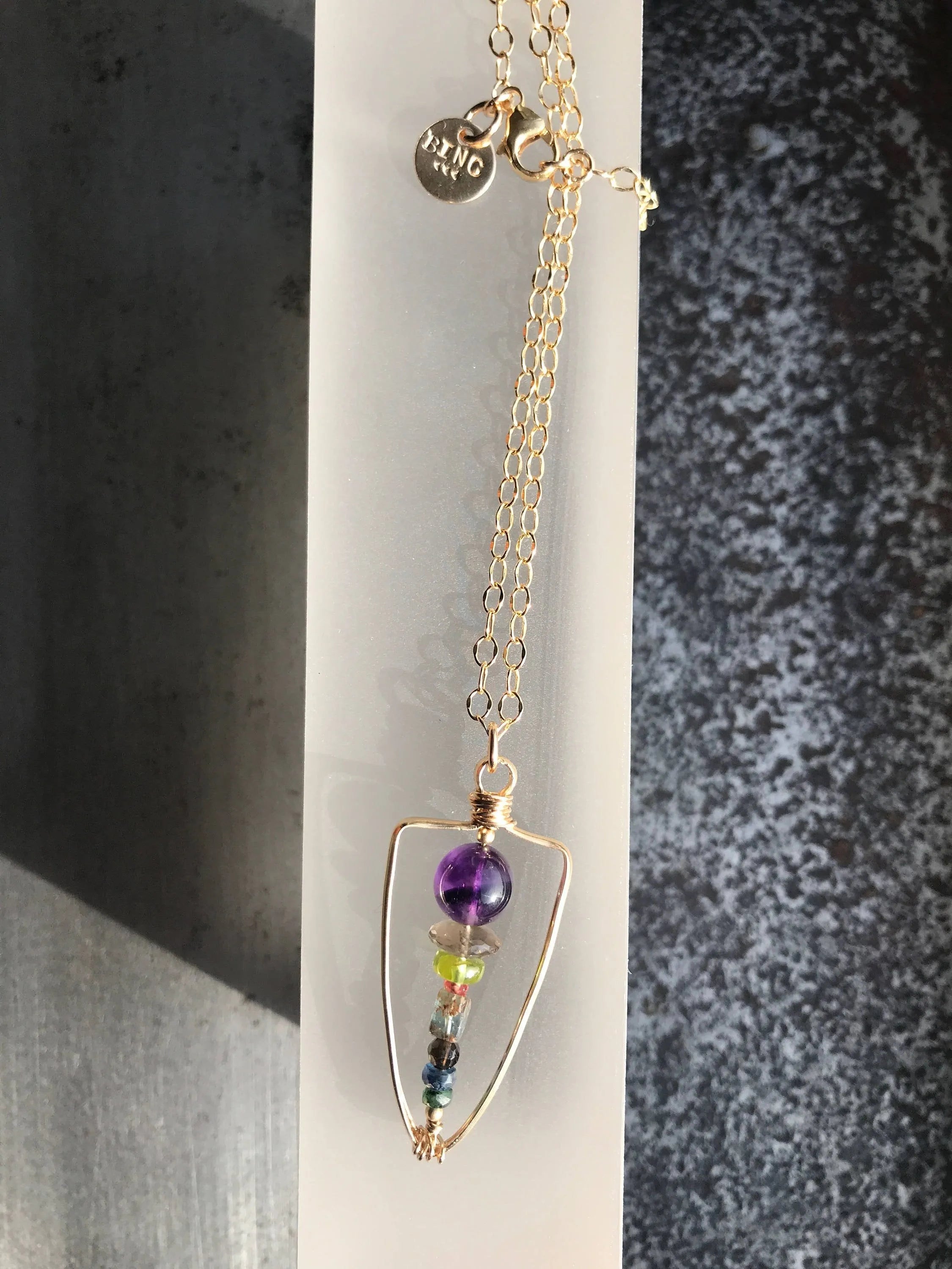 DONTE Pendant necklace hand forged, gold arrowhead frame, amethyst, blue kyanite, emerald, more, natural gems. Modern meets Boho, DONTE necklace