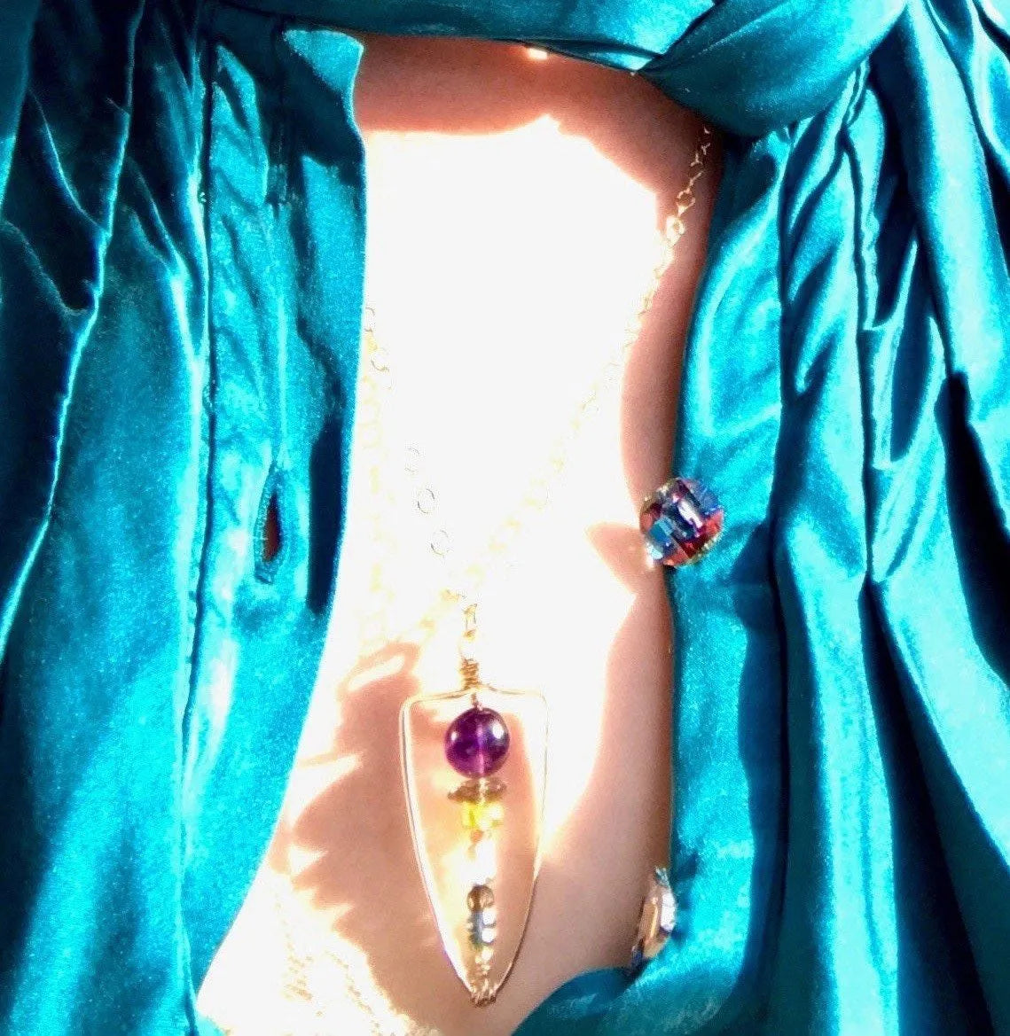 DONTE Pendant necklace hand forged, gold arrowhead frame, amethyst, blue kyanite, emerald, more, natural gems. Modern meets Boho, DONTE necklace