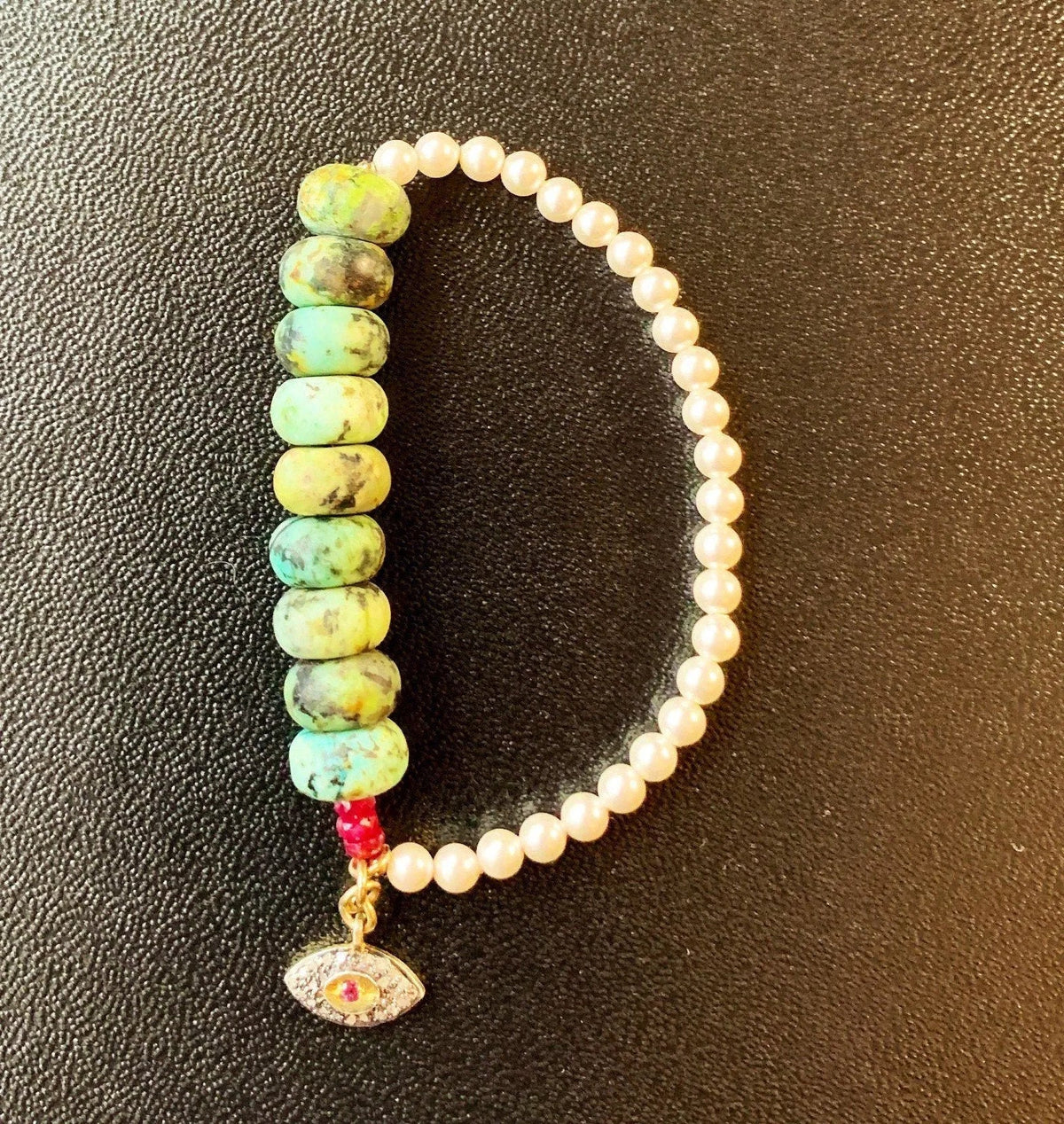 DRIVER Bracelet Turquoise Pearls Evil Eye Charm Ruby Diamonds