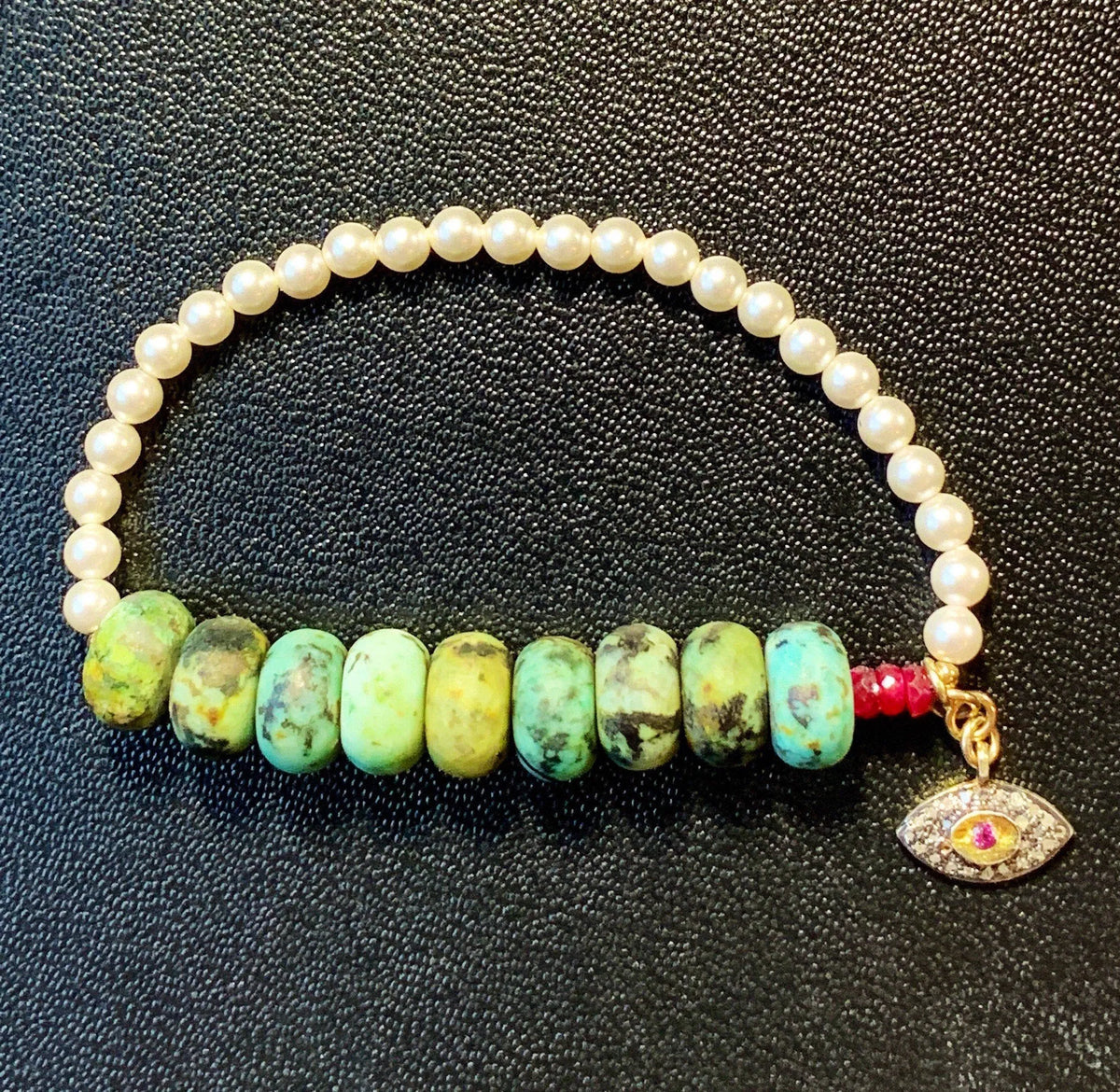 DRIVER Bracelet Turquoise Pearls Evil Eye Charm Ruby Diamonds