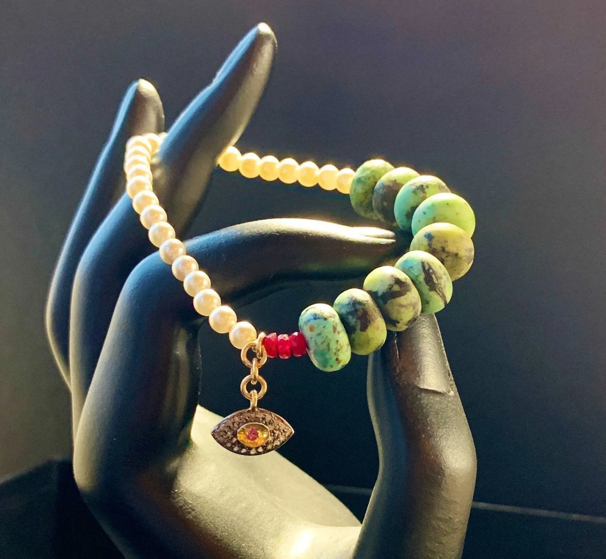 DRIVER Bracelet Turquoise Pearls Evil Eye Charm Ruby Diamonds