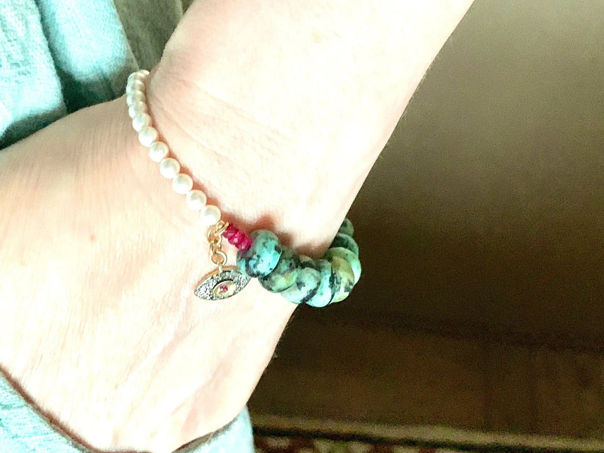 DRIVER Bracelet Turquoise Pearls Evil Eye Charm Ruby Diamonds