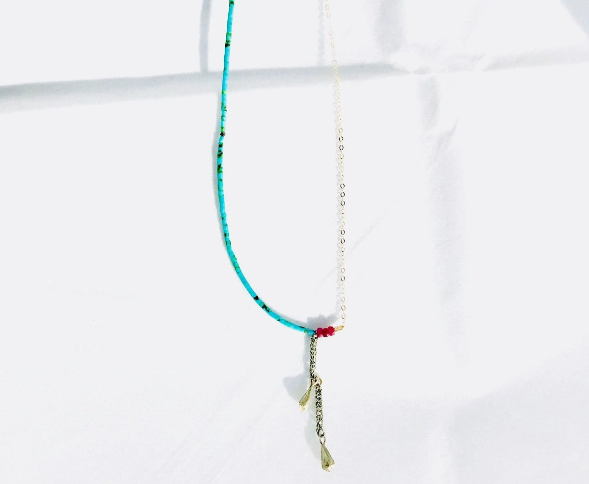ELLE Asymmetrical Necklace Turquoise Ruby Gold Chain Tribal Fragment