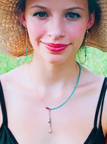 ELLE Asymmetrical Necklace Turquoise Ruby Gold Chain Tribal Fragment