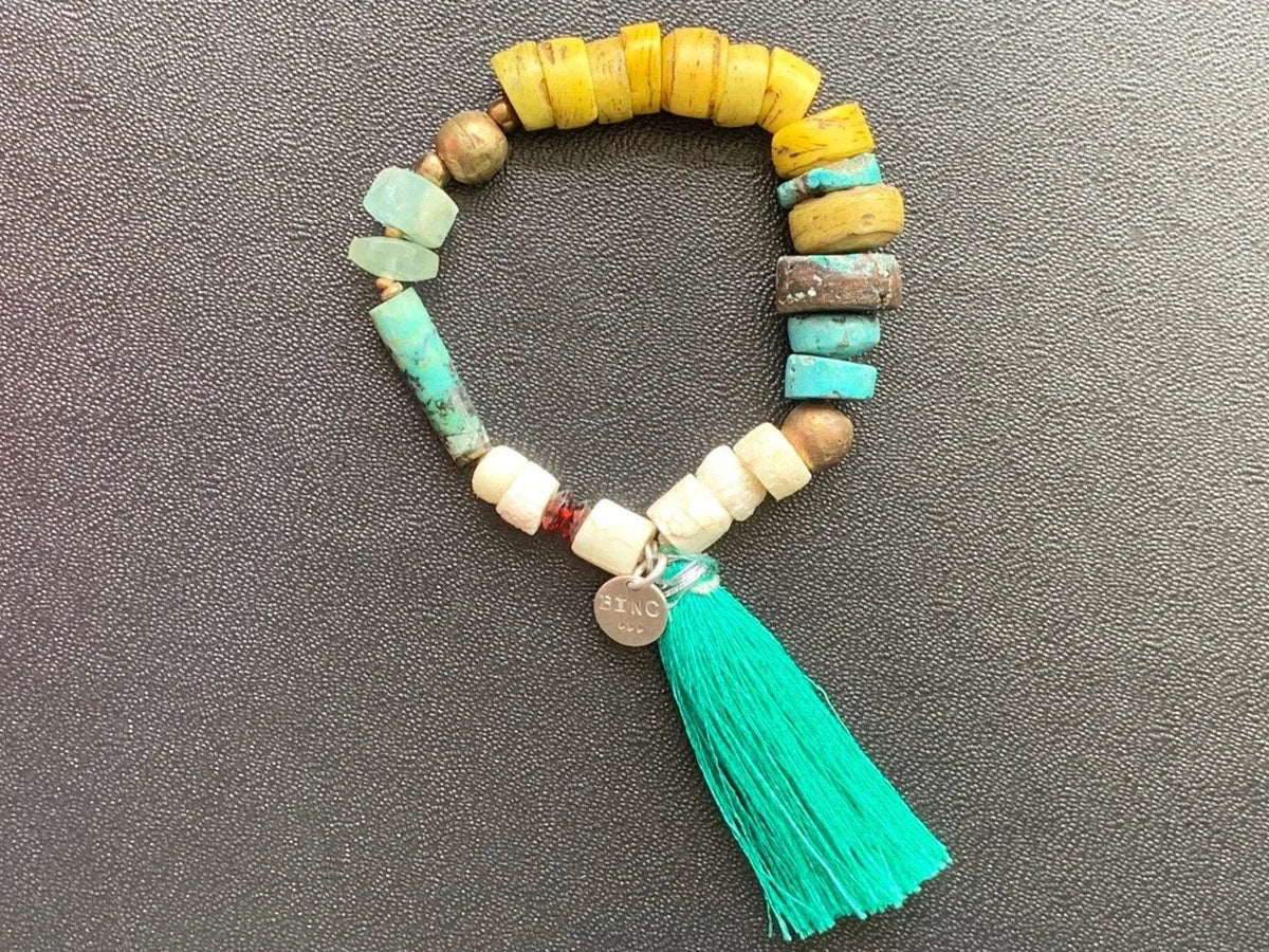 EMERY Bracelet Fine Gems Crystals Silk Teal Tassel Antique Beads