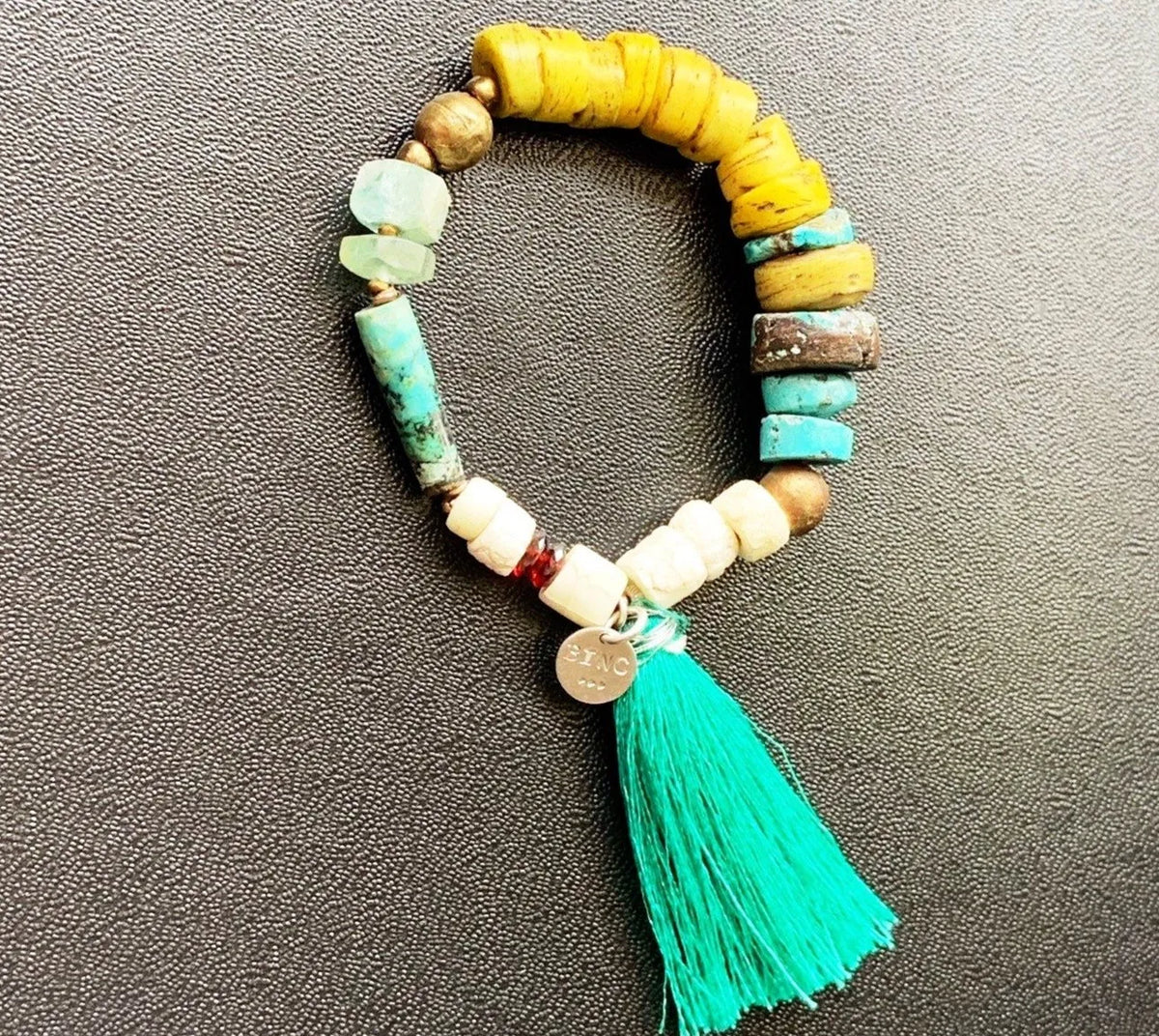 EMERY Bracelet Fine Gems Crystals Silk Teal Tassel Antique Beads