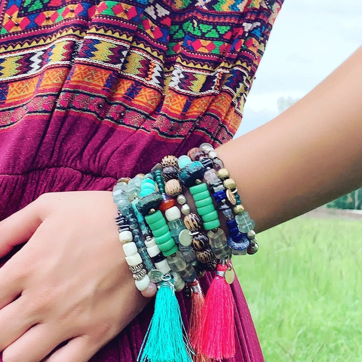 EMERY Bracelet Fine Gems Crystals Silk Teal Tassel Antique Beads