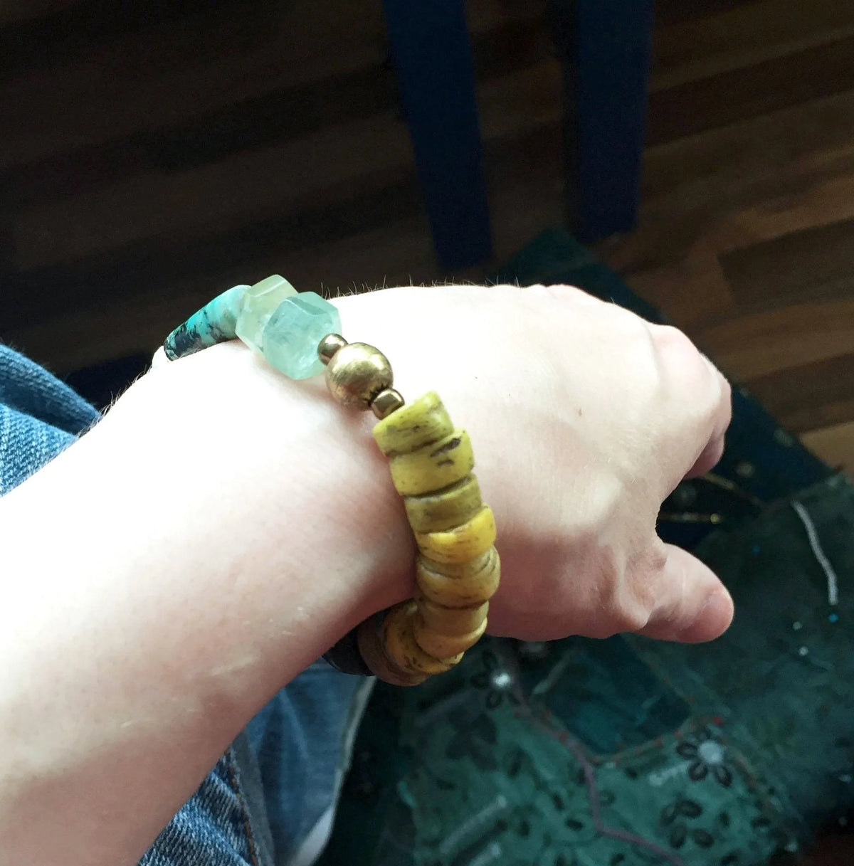 EMERY Bracelet Fine Gems Crystals Silk Teal Tassel Antique Beads