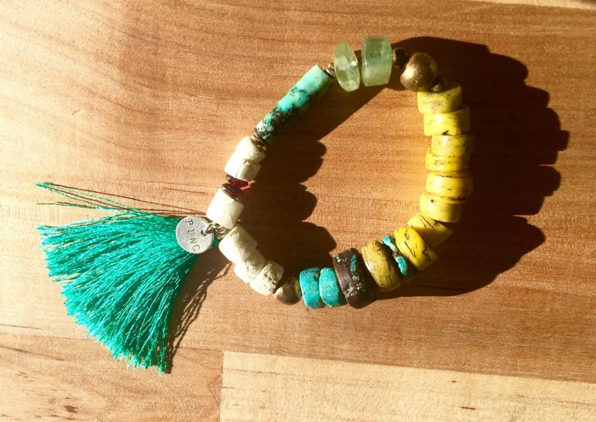 EMERY Bracelet Fine Gems Crystals Silk Teal Tassel Antique Beads