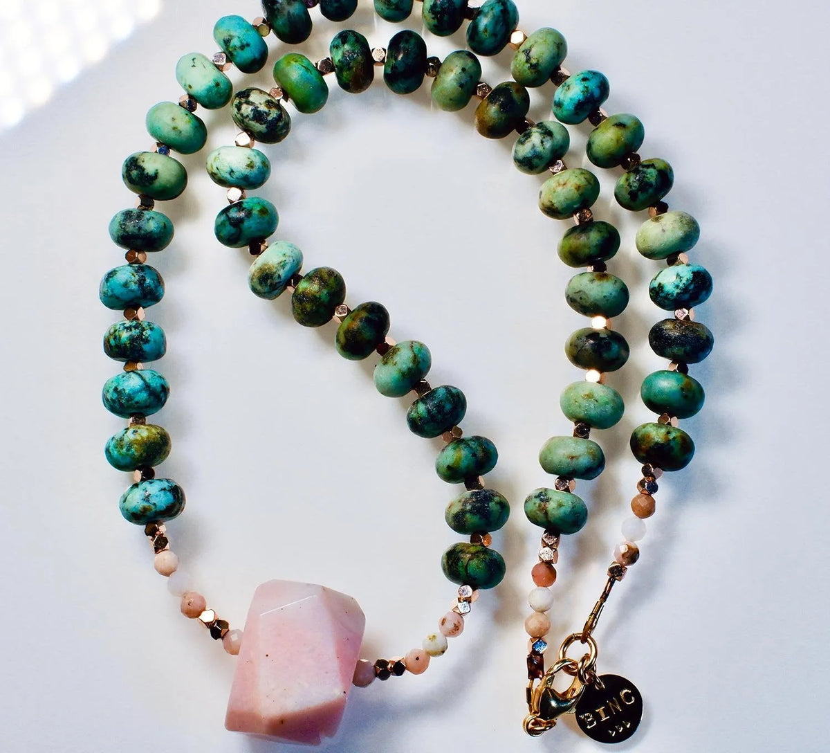 ETHEL Necklace Pink Opal Pendant African Turquoise