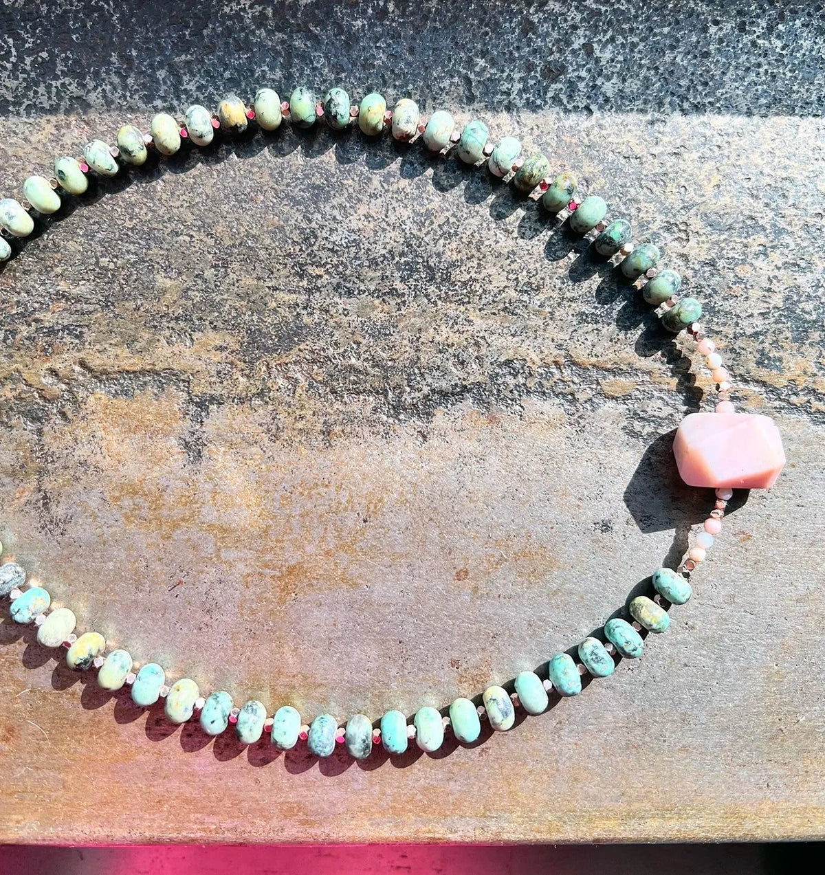 ETHEL Necklace Pink Opal Pendant African Turquoise